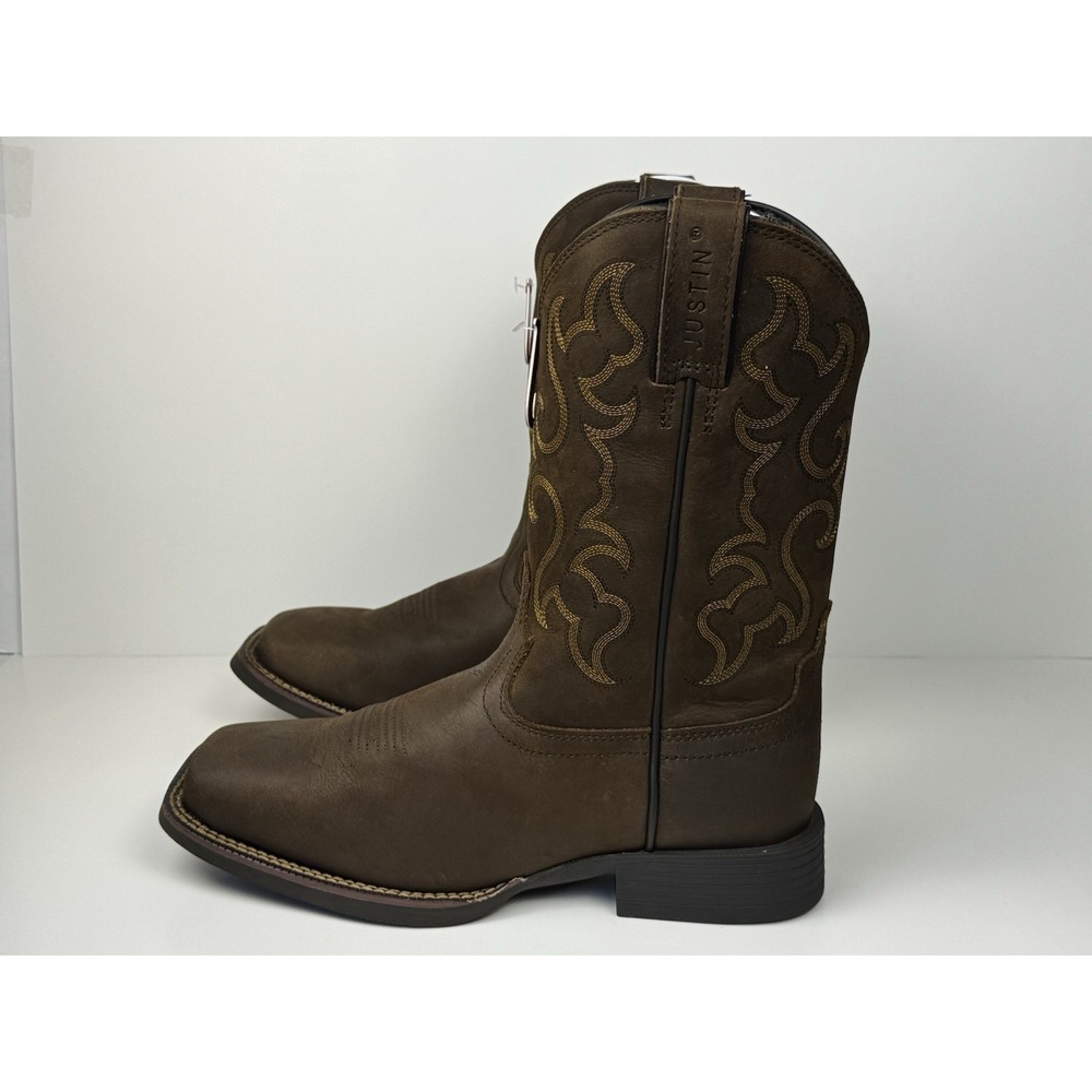 Justin Square Toe Cowboy Leather Boots Men Size 8.5 2E Wide Brown Buffalo SW1001 - Picture 4 of 7